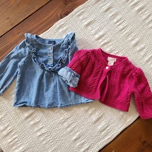 Baby Gap 3 month Chambray Denim Shirt & Pink Cropped Cardigan Set